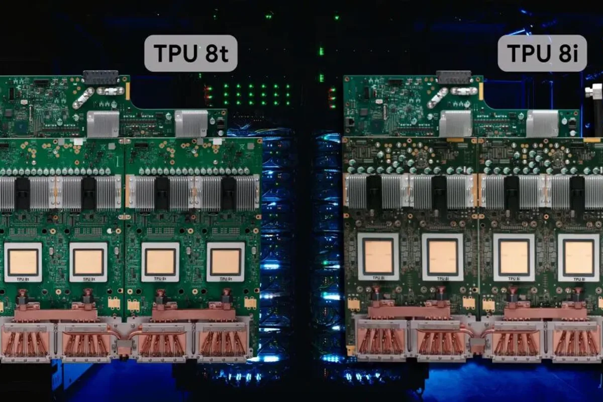 Carte électronique montrant les accélérateurs Google TPU 8t et TPU 8i, présentés lors des annonces matérielles d'avril 2026