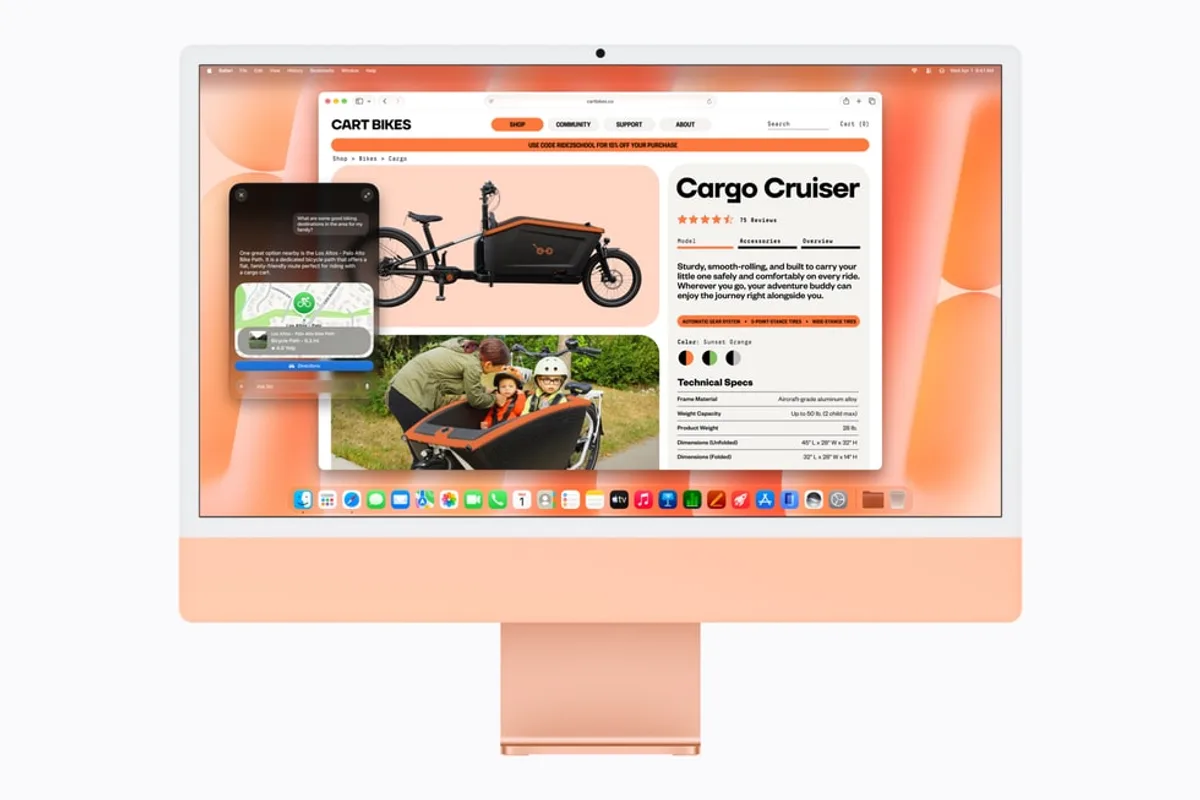 iMac M6 orange présentant l'assistant Siri AI dans Safari