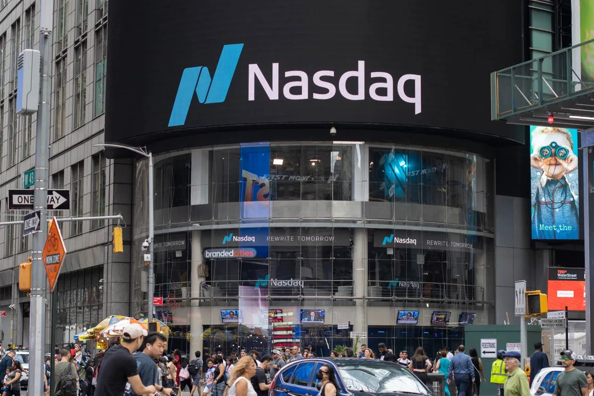 Le Nasdaq MarketSite de New York, place emblématique des marchés technologiques américains